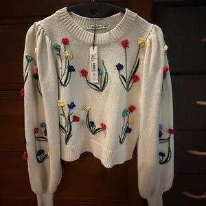 Alice + Olivia White Sweater with Multicolor Floral Embroidery